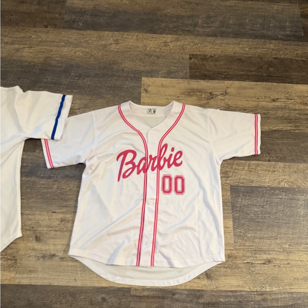 Barbie Women’s White and Pink Baseball Jersey perfect for Halloween Medium